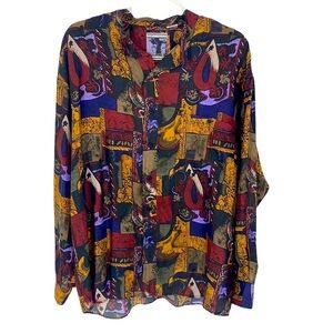 Hey Man Men's Vintage Yellow & Red Print 100% Silk Button Down Shirt size Medium
